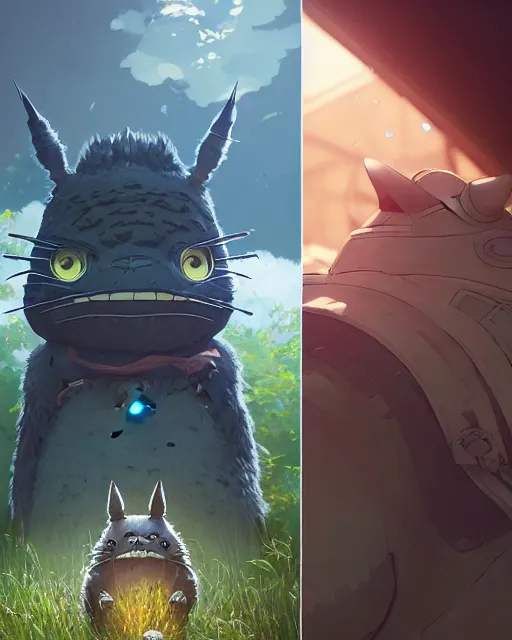 Image similar to highly detailed vfx portrait of totoro as terminator, stephen bliss, unreal engine, greg rutkowski, loish, rhads, beeple, makoto shinkai and lois van baarle, ilya kuvshinov, rossdraws, tom bagshaw, alphonse mucha, global illumination, detailed and intricate environment