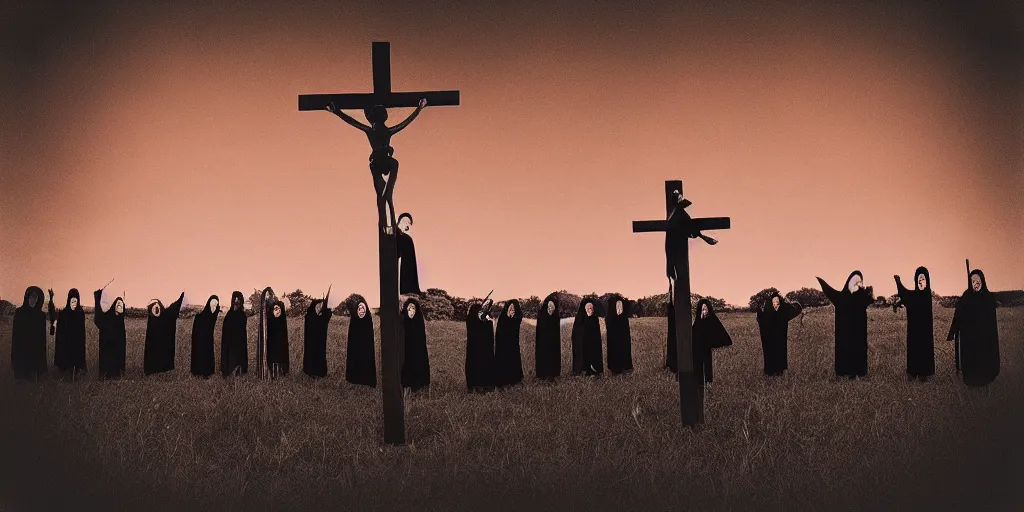 Prompt: “A large strange crucifix standing in a field surrounded by cultists in black robes next to a bonfire, dirty award winning vintage photography, glowing red sky, distorted photo”