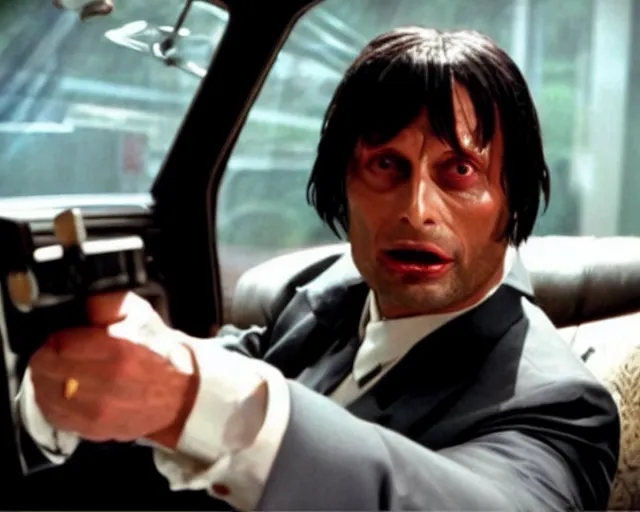Prompt: Mads Mikkelsen as Vincent Vega in Pulp Fiction car scene movie