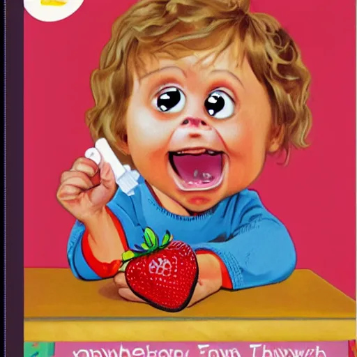 Image similar to a cartoon strawberry with big eyes, arms and legs and only two front teeth, drooling, holding a bright yellow tooth brush, in the style of little golden books