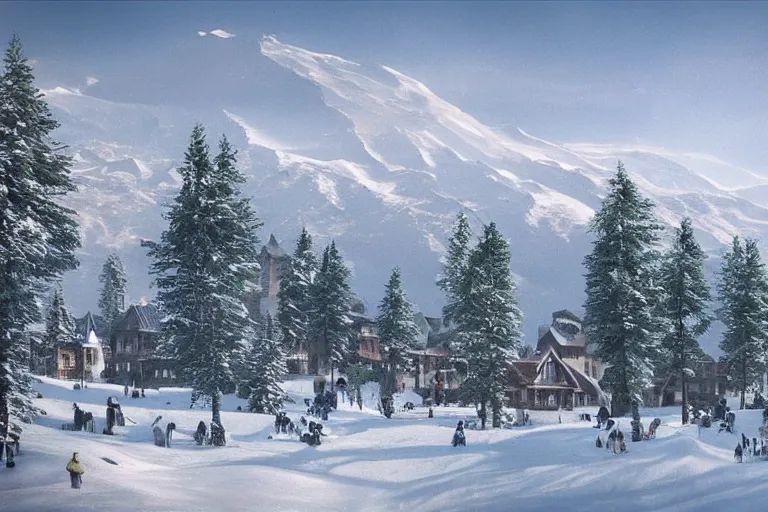 Prompt: cottege settlement with lots of trees on the foot of the Elbrus mountain mountain covered by snow, architecture, matte painting, high details, ecofuturism,