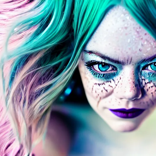Prompt: Emma Stone as a mermaid, grungy, unkept hair, glowing eyes, modelsociety, wet from rain, radiant skin, huge anime eyes, bright on black, dramatic, studio lighting, perfect face, intricate, Sony a7R IV, symmetric balance, polarizing filter, Photolab, Lightroom, 4K, Dolby Vision, Photography Award