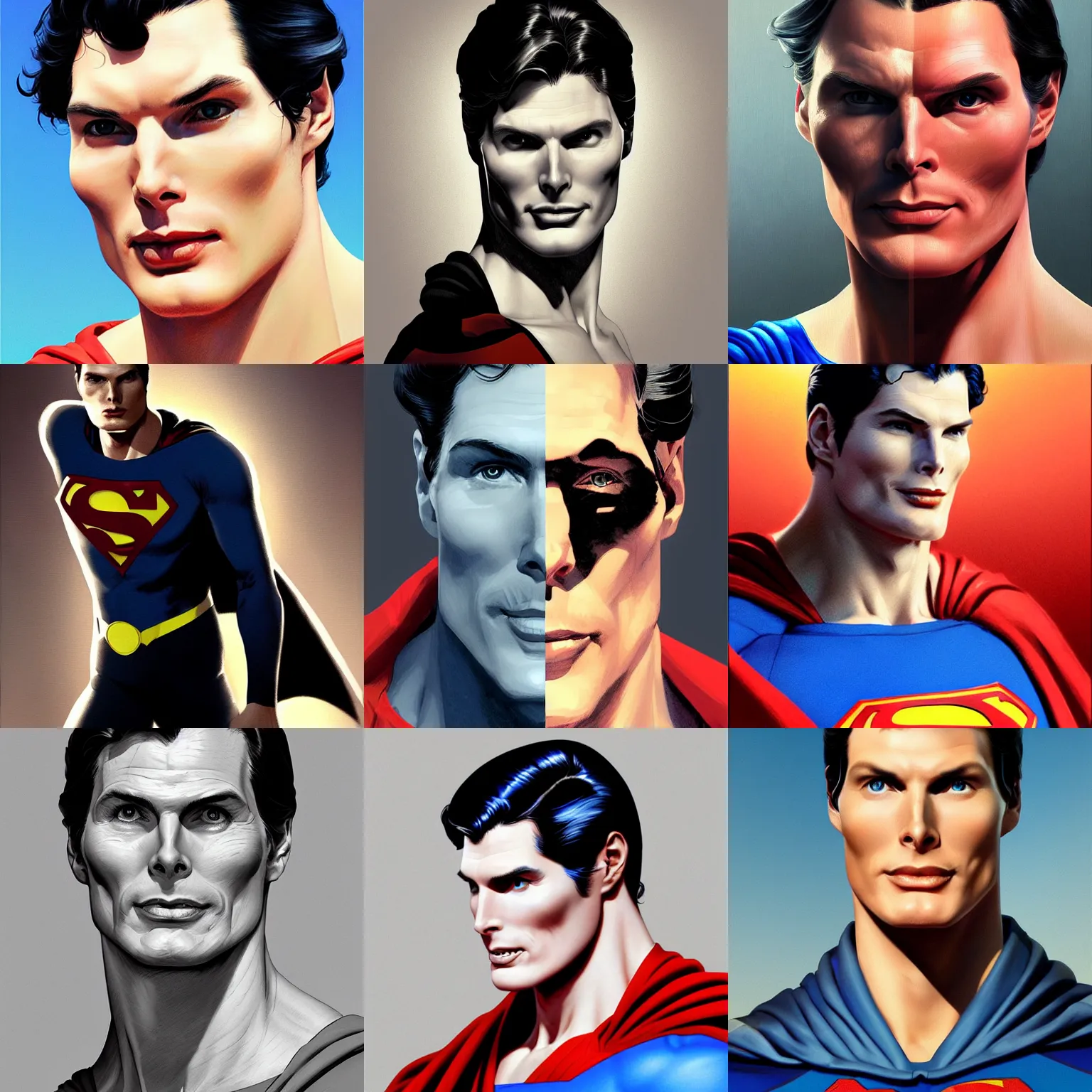 Prompt: Christopher reeve!!! side skull visible damaged skin, superman costume, realistic shaded perfect face, fine details. not anime. Realistic shaded lighting poster by Ilya Kuvshinov katsuhiro, magali villeneuve, artgerm, Jeremy Lipkin and Michael Garmash, Rob Rey and Kentarõ Miura style, trending on art station