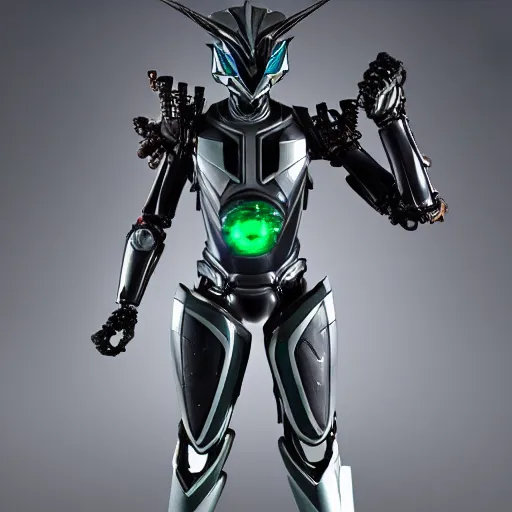 Image similar to Biomechanical Kamen Rider, glowing eyes, daytime, grey rubber undersuit, Guyver Dark Hero inspired armor