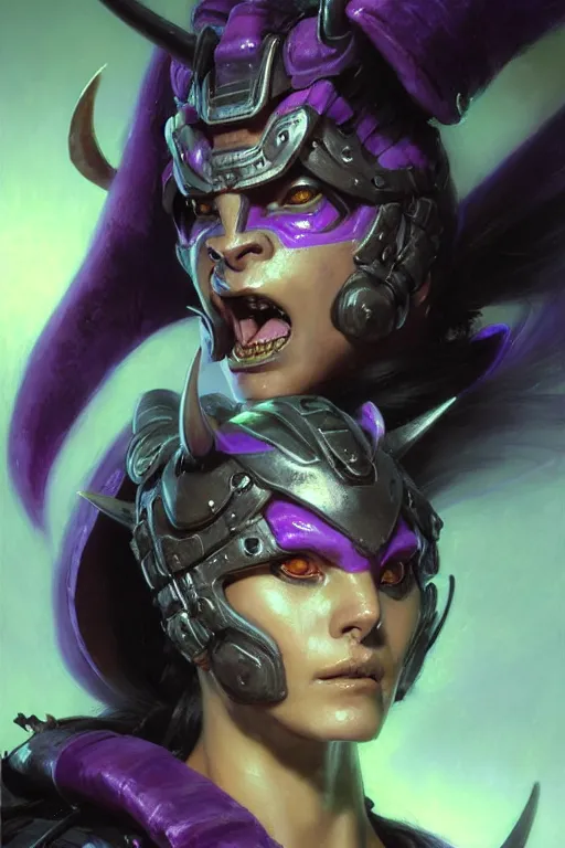 Image similar to extreme close up, facial portrait, woman with a long black ponytail in purple sci - fi armor, wearing a kitsune mask, shoulder pad is a glowing oni mask, striking pose, portrait dnd, painting by gaston bussiere, craig mullins, greg rutkowski, yoji shinkawa