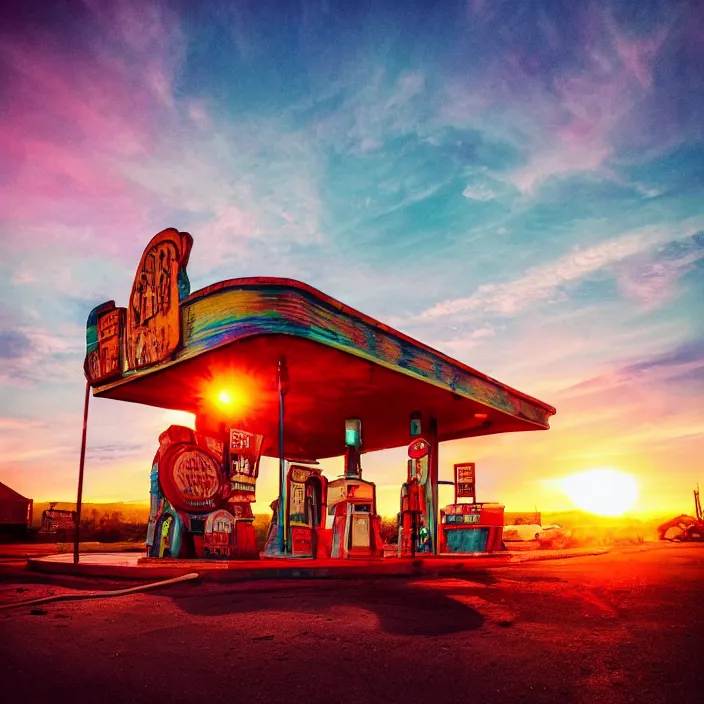 Image similar to a sunset light landscape with historical route 6 6, lots of sparkling details and sun ray ’ s, blinding backlight, smoke, volumetric lighting, colorful, octane, 3 5 mm, abandoned gas station, old rusty pickup - truck, beautiful epic colored reflections, very colorful heavenly, softlight