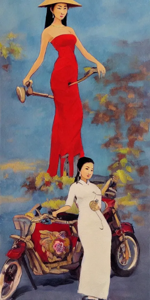 Prompt: a painting of a tall thin beautiful vietnamese girl in an ao dai dress and a conical hat standing in front of a motorcycle in the style of Frank frazetta