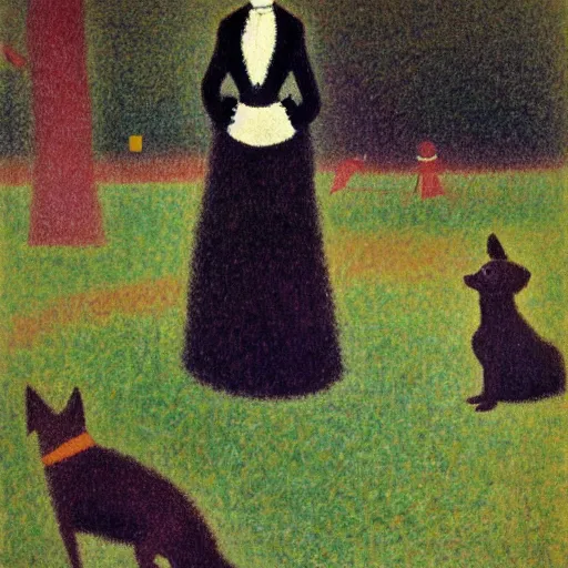 Image similar to a woman and her black and brown chihuahua in a park by georges seurat