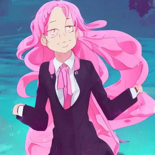 Prompt: Karl Marx wearing pink dress, cute smile, dancing, art by makoto shinkai, anime art, trending on artstation, pink hair