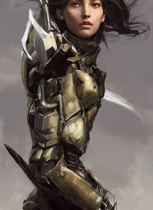 Image similar to a professional painting of a beautiful young female, clothed in military armor, olive skin, long dark hair, beautiful bone structure, symmetrical facial features, intricate, elegant, digital painting, concept art, smooth, sharp focus, illustration, from Metal Gear, by Ruan Jia and Mandy Jurgens and Artgerm and William-Adolphe Bouguerea