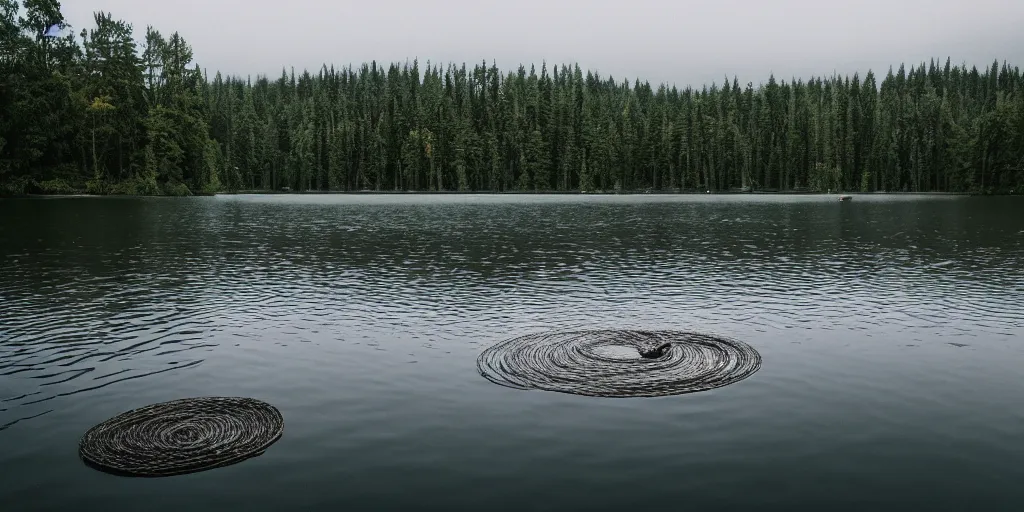 Image similar to centered photograph of an infinitely long rope zig zagging across the surface of the water, floating submerged rope stretching out towards the center of the lake, a dark lake on a cloudy day, color film, trees in the background, hyperedetailed photo, anamorphic lens