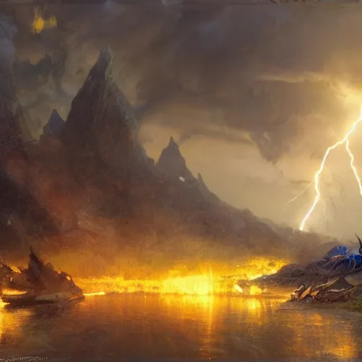 Image similar to a man with short blonde hair shooting lightning bolts at his enemy in battle. detailed matte painting. masterpiece. coherent. rule of thirds 4 k. fantasy art. by gaston bussiere. derek zabrocki. craig mullins