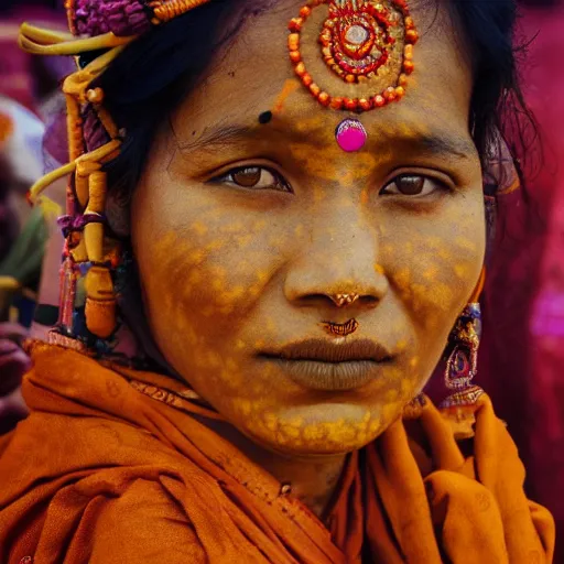 Image similar to realistic exposed expired fuji film portrait of naga sadhu india women at maha kumbh, marigold celestial vibe, hyperrealism, hypermaximalism, photorealistic, detailed, atmospheric, 8 k, award winning photography, cinematic