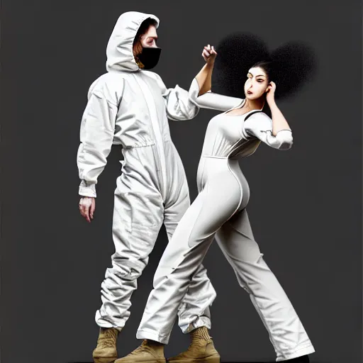 Image similar to character concept portrait of a man in a hazmat suit and voluminous woman in shirt and overalls both dancing, intricate, elegant, digital painting, concept art, smooth, sharp focus, illustration, from metal gear, by ruan jia and mandy jurgens and william - adolphe bouguereau, artgerm