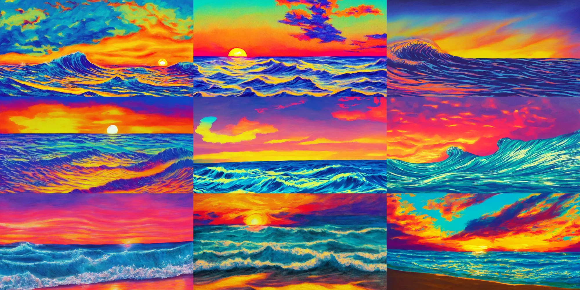 Prompt: guache painting of a vibrant color sunset, vaporwave aesthetic, waves crashing, subtle, romantic, relaxing