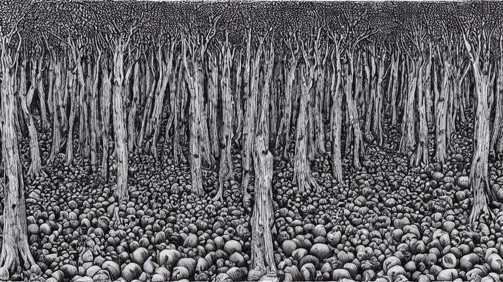 Image similar to a forest of giant thumbs, by escher and chris van allburg, fine inking lines, surreal fantasy