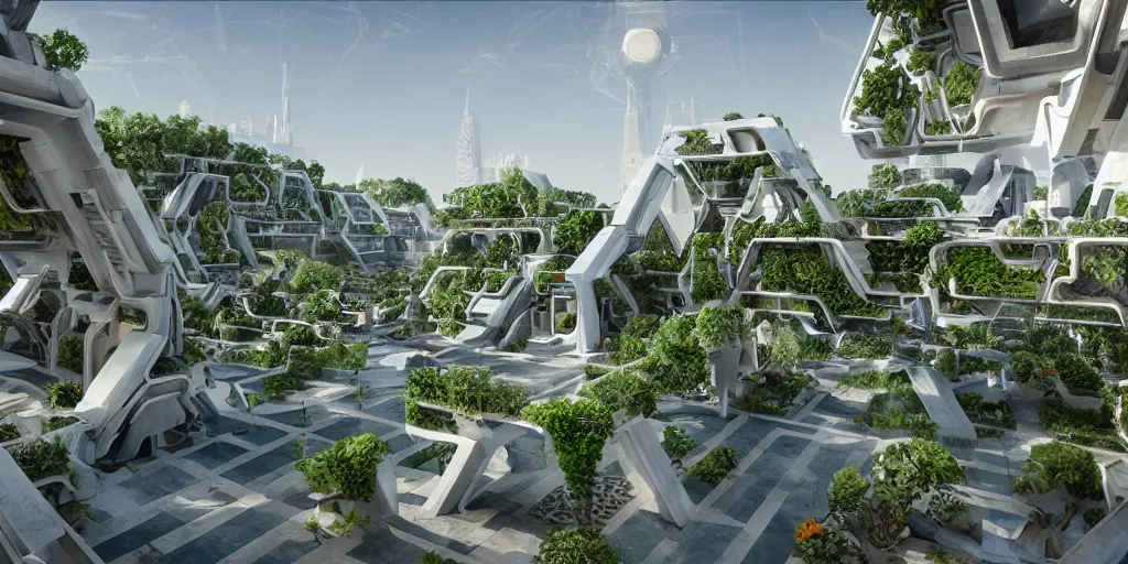 Image similar to geometrically symmetrical hanging garden based on the design of versailles in a futuristic megacity made of travertine brutalist aztec temples, sci-fi, blue sky, optimistic matte painting, concept art, style by syd mead, 8k, octane render