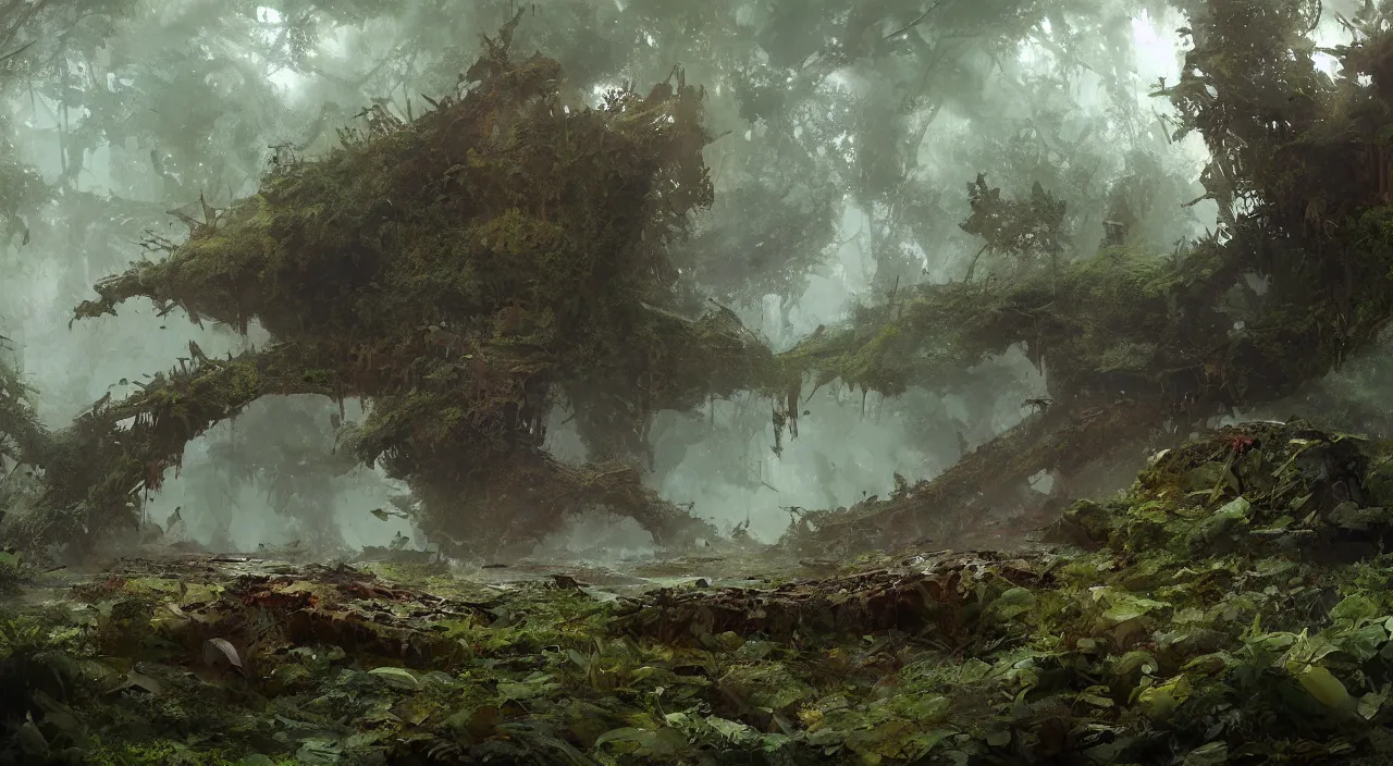 Image similar to rusty ship wreck in a lush forest, sci-fi, ivy, moss, concept art by Ruan Jia and Greg Rutkowski and Sparth, global illumination