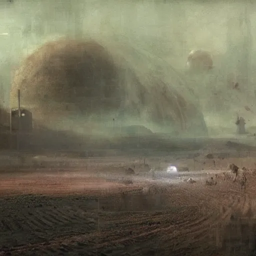 Prompt: a farm on the moon, earth seen in the distance by ruan jia, macabre