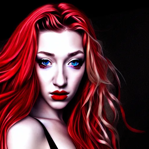 Image similar to a realistic illustration portrait of a beautiful kendra sunderland with curly black and red hair, black eyeliner, trending on artstation, hyper - realistic lighting, intricate, ross tran