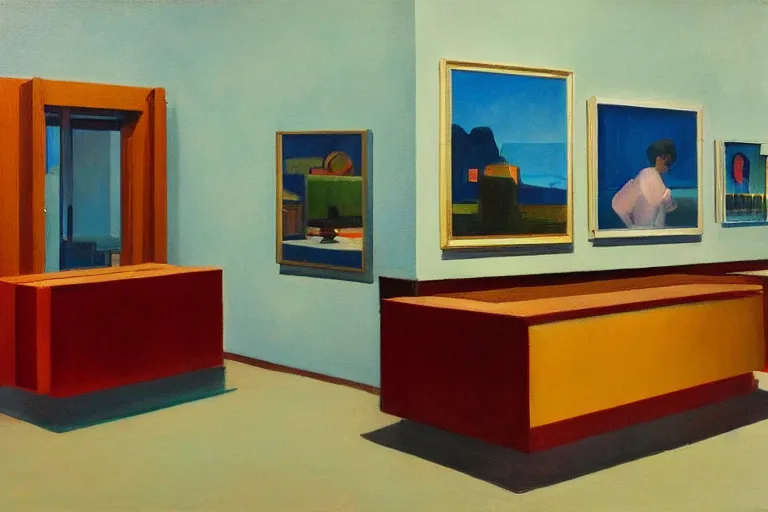 Image similar to a 7 0 s art gallery exhibition, colors americana, cinematic, volumetric lighting, ultra wide angle view, realistic, detailed painting in the style of edward hopper