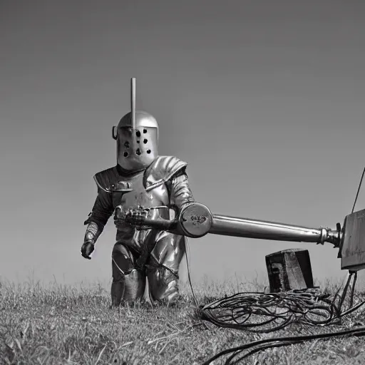 Image similar to wide angle photo of viking wearing space suit helmet and viking armor working on the antigravity gun ancient device, tools and junk on the ground,wires and lights, old village in the distance, vintage old photo, black and white, sepia