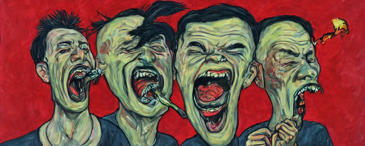 Prompt: portrait of a mad man screaming eating another head, Santacruz art style