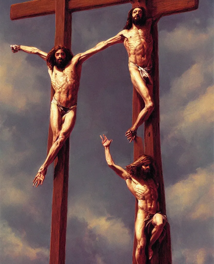 Image similar to painting of Jesus Christ on the Cross, in the style of Wayne Barlowe,