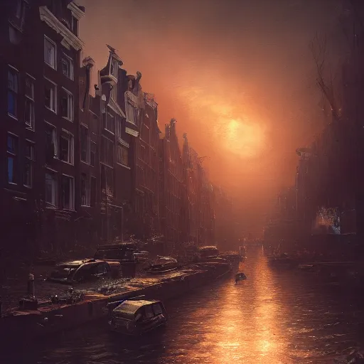 Image similar to amsterdam in a post apocalyptic earth as seen by greg rutkowski, dark theme, enchanted, warm colors, high quality, waw, trending on artstation