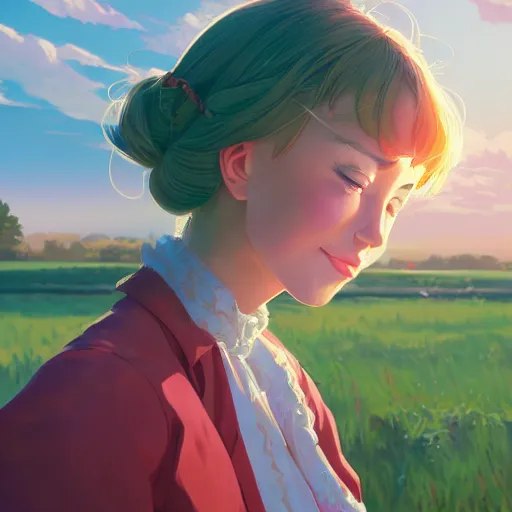 Image similar to portrait of anne shirley-cuthbert, farm field background, rich vivid colors, ambient lighting, dynamic lighting, 4k, HQ, official media, anime key visual, makoto shinkai, ilya kuvshinov, lois van baarle, rossdraws, detailed, trending on artstation