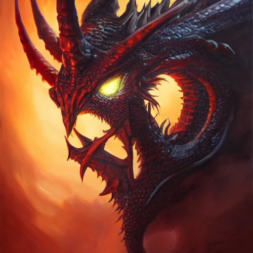 Prompt: oil painting of dragon, dnd character, fantasy, realistic textured skin, portrait, dark and fiery, glowing eyes, sharp focus, artgem, boris valejo, frank frazetta, heavy metal style, trending on artstation, digital painting, julie bell, beautiful, very detailed,