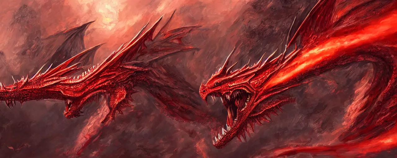 Image similar to red fire breathing dragon, extreme detail, 8k, painted in romantic artstyle, high fantasy