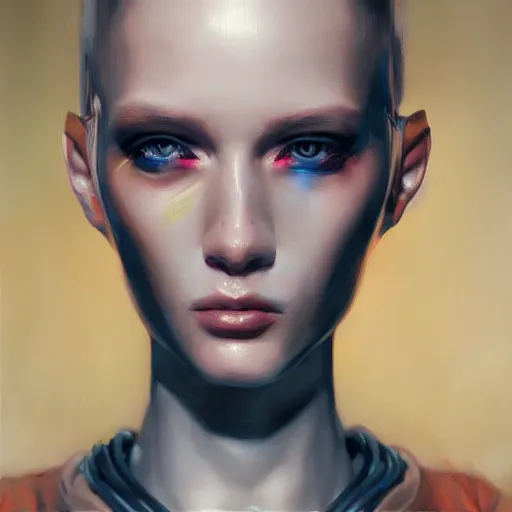 Prompt: cyberpunk robot fashion model portrait, hyperrealism oil painting, artstation