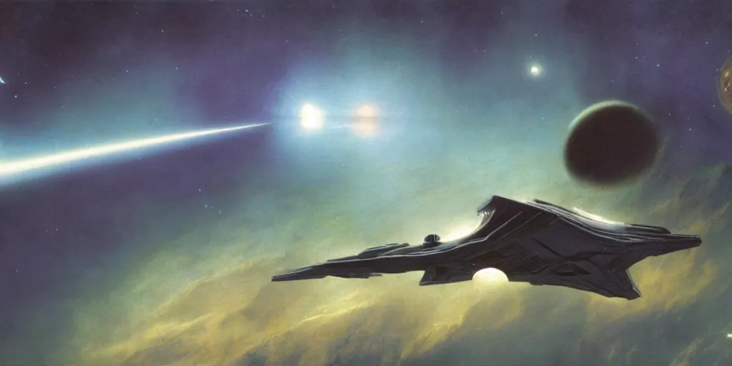 Image similar to enterprise from star trek tng orbiting over a alien planet, volumetric light from nearby star, style by caspar david friedrich and wayne barlowe and ted nasmith.