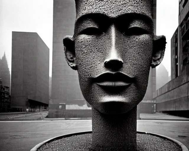 Prompt: by bruce davidson, andrew boog, mystical photography evocative. an intricate fractal concrete and chrome brutalist carved sculpture of the secret faces of god, standing in a city center.