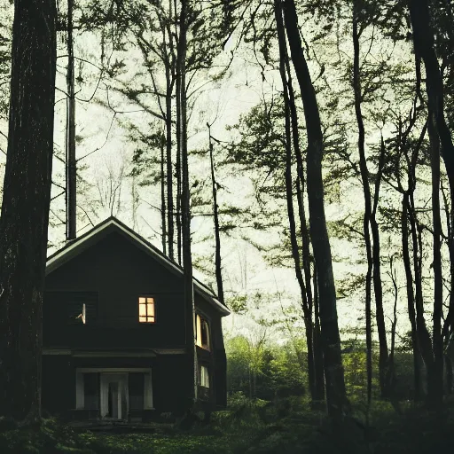 Prompt: luxury house, cinematic, filmic, photography, vignette, dark, 4 k, 8 k, ultra - hd, moody lighting, hanging in the woods