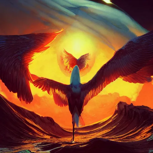 Image similar to melting waxen feathered wingspan outstretched wings of icarus the seagull under the boiling radiant solar orb that is the sun giotto valentin serov jim mahfood guillem h. pongiluppi 4k artstation