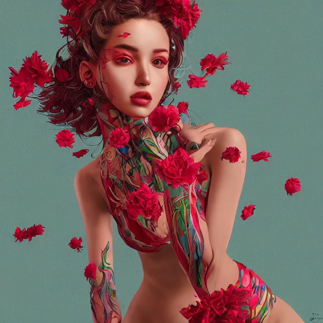 Image similar to studio portrait absurdly beautiful, elegant, graceful, young hypercolorful sensual swimsuit model rubies and red petals, ultrafine hyperrealistic detailed face illustration by kim jung gi, irakli nadar, intricate linework, sharp focus, bright colors, matte, octopath traveler, final fantasy, unreal engine highly rendered, global illumination, radiant light, intricate environment