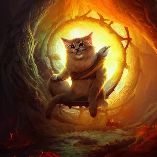 Image similar to anthropomorphic druidic cat in a vortex of flame, 8k resolution matte fantasy painting, cinematic lighting, DeviantArt Artstation, Jason Felix Steve Argyle Tyler Jacobson Peter Mohrbacher