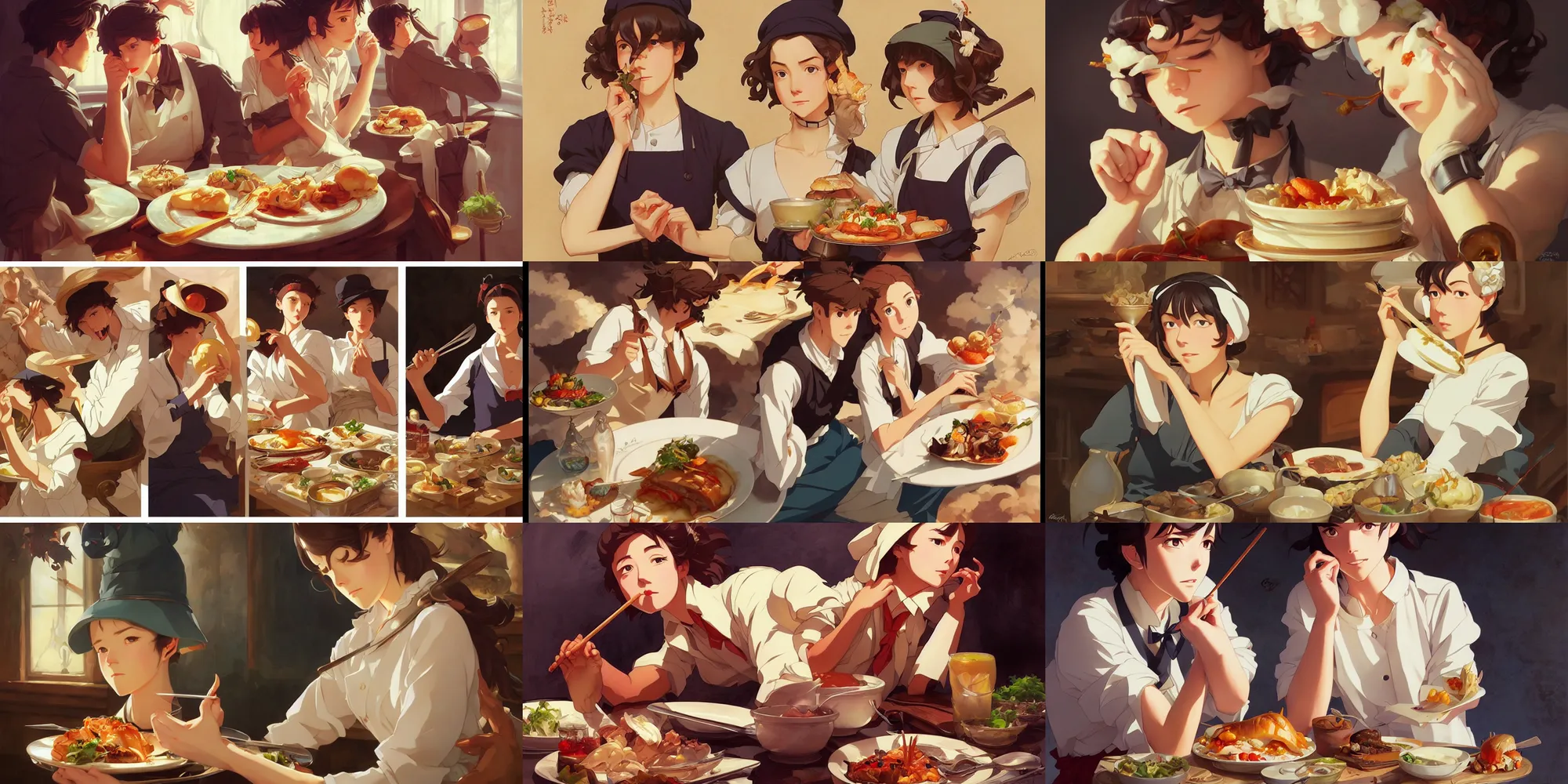 Prompt: amazing food, in the style of studio ghibli, j. c. leyendecker, greg rutkowski, artgerm