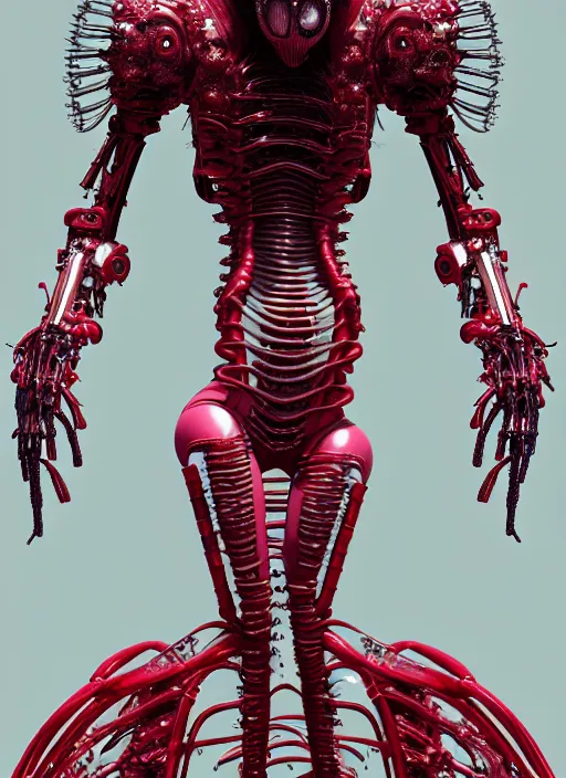 Prompt: gothic inflateble baroque puffy red dress, perfect symmetrical body, helmet on face, full body shot, alien, plant predator, guyver, giger, wires, tubes, veins, jellyfish, white biomechanical details, wearing epic bionic cyborg implants, masterpiece, intricate, biopunk, vogue, highly detailed, artstation, concept art