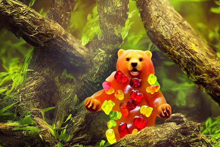 Image similar to wild gummy bears, nature photography, national geographic, cinematic lighting