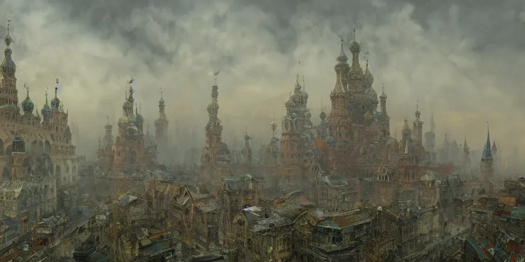 Prompt: hyperrealism magical ancient Slavic city of Kitezh in mist, magical glow, magic mist, strange buildings, oil painting, painting by Viktor Vasnetsov, concept art, fantasy cityscape, ancient Russian architecture, painting by Ivan Shishkin, hyperborea, high resolution, huge factories, trending on artstation,