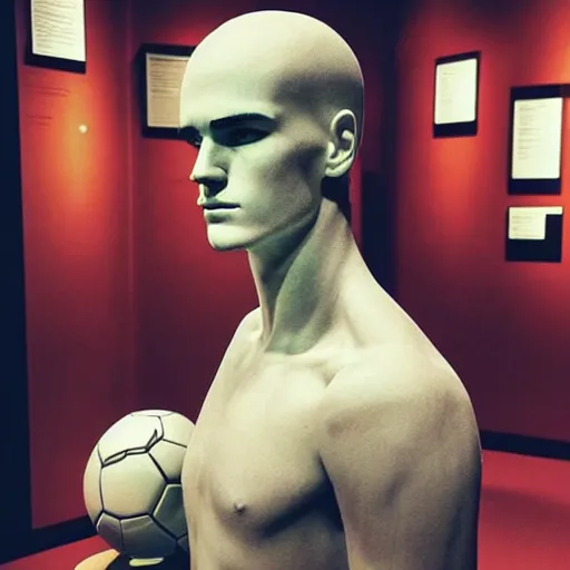 Image similar to “ a realistic detailed photo of a guy who is an attractive humanoid who is half robot and half humanoid, who is a male android, soccer player antoine griezmann, shiny skin, posing like a statue, blank stare, at the museum, on display ”