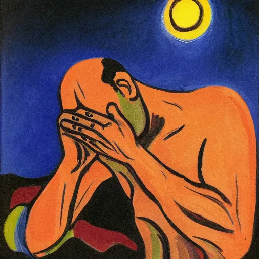 Prompt: fauvist painting of a man wiping sweat off his brow on a moonlit beach at night, with a black dog,