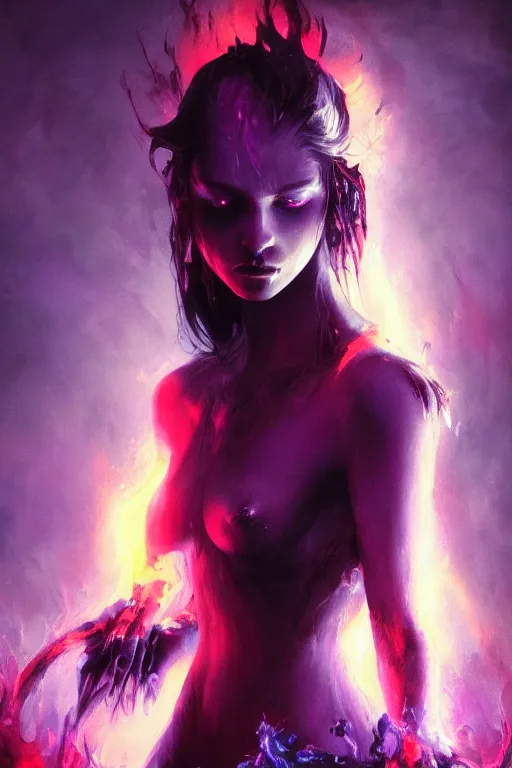 Image similar to a beautiful portrait of a young Demon women engulfed in deep blue and purple flames by Greg Rutkowski, Sung Choi, Mitchell Mohrhauser, Maciej Kuciara, Johnson Ting, Maxim Verehin, Peter Konig, Bloodborne , 8k photorealistic, cinematic lighting, HD, high details, atmospheric , trending on artstation