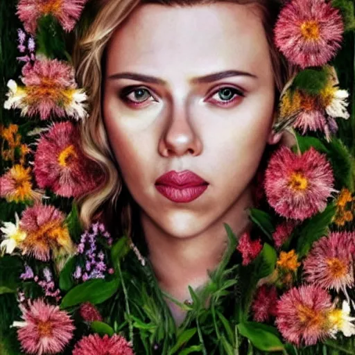 Image similar to Scarlett Johansson portrait with face made of wild flowers