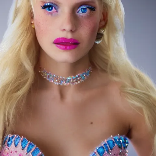 Image similar to close up headshot of a princess with long blonde hair and (blue) eyes wearing a strapless elaborately beaded pink dress, high resolution film still, 8k, HDR color, film by Simon Langton and David Frankel, triangular face, (freckles), round narrow chin, straight jawline, light pink lipstick