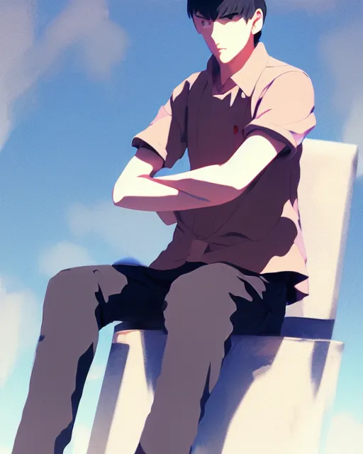 Image similar to handsome masculine man wearing fashionable street attire, sitting down with an intimidating appearance, octane render, unreal engine 5, trending on pixiv fanbox, by greg rutkowski makoto shinkai takashi takeuchi studio ghibli, akihiko yoshida