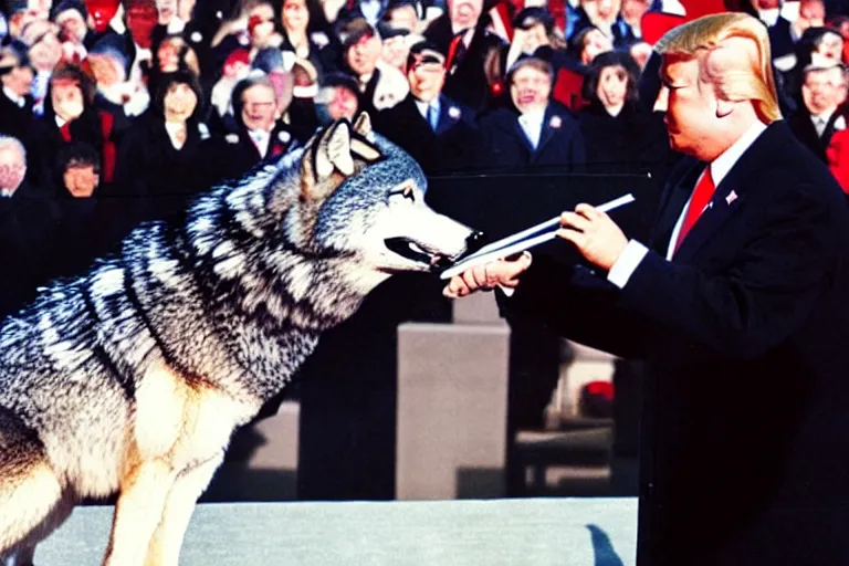 Image similar to photo of the usa presidential inauguration, a wolf fursuiter being inaugurated as president